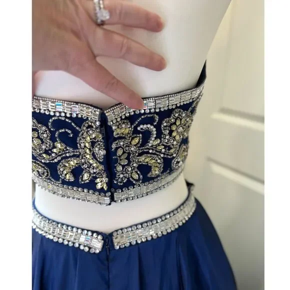 Pink by Alexia Designs Two-Piece Beaded Prom Gown Navy Blue Size 12 NWT